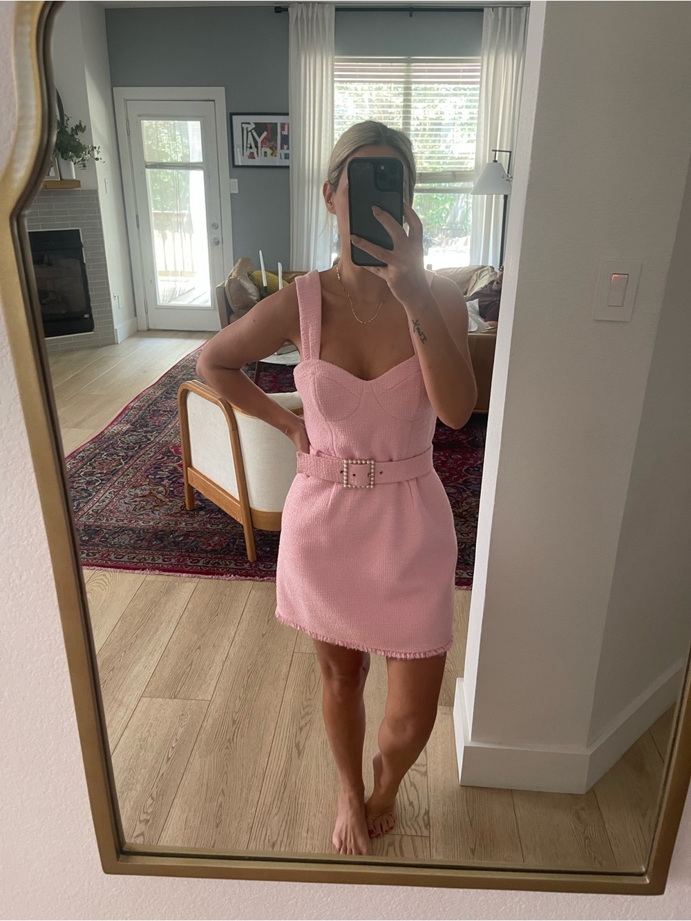 Rebecca Vallance Garance Tweed Bouclé Mini Dress in Pink